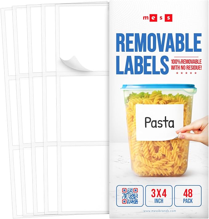 Removable Dry Erase Labels 3x4in 48pk, Reusable White Jar Pantry Stickers by MESS