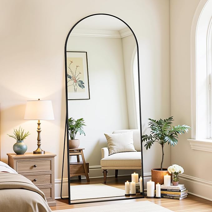 Full Length Mirror, 58"x18" Oversized Floor Mirrors Freestanding, Full Body Mirror Floor Standing Mirrors with Stand, Hanging Mounted Mirrors for Bedroom Living Room, Black, Arched Style-DeskLoop Office