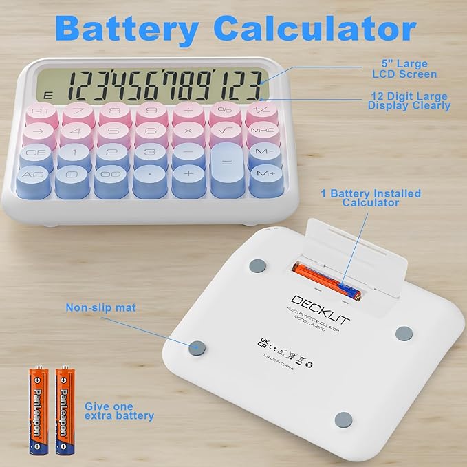 Mechanical Calculator 12 Digit Extra Large 5-Inch LCD Display, DECKLIT Battery Desk Calculator, Big Buttons Easy to Press Office Calculators Desktop, 15°Tilt Screen for Kids Calculator(Blue&Pink)-DeskLoop Office