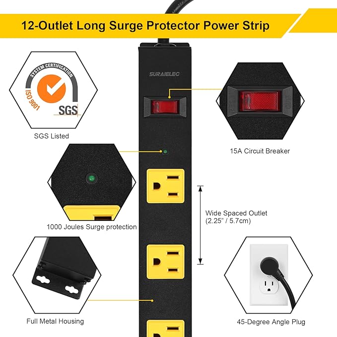 SURAIELEC 12 Outlet Long Metal Power Strip, 15FT Cord Surge Protector, Angled Flat Plug, Wide Spaced Outlet Bar, 15A Breaker, Wall Mountable, Industrial Heavy Duty for Work Bench, Shop, Garage, 2 Pack-DeskLoop Office