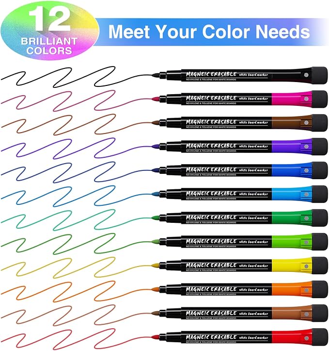 Magnetic Dry Erase Markers Fine: 12 Colors Erasable Whiteboard Markers Fine - Image 2
