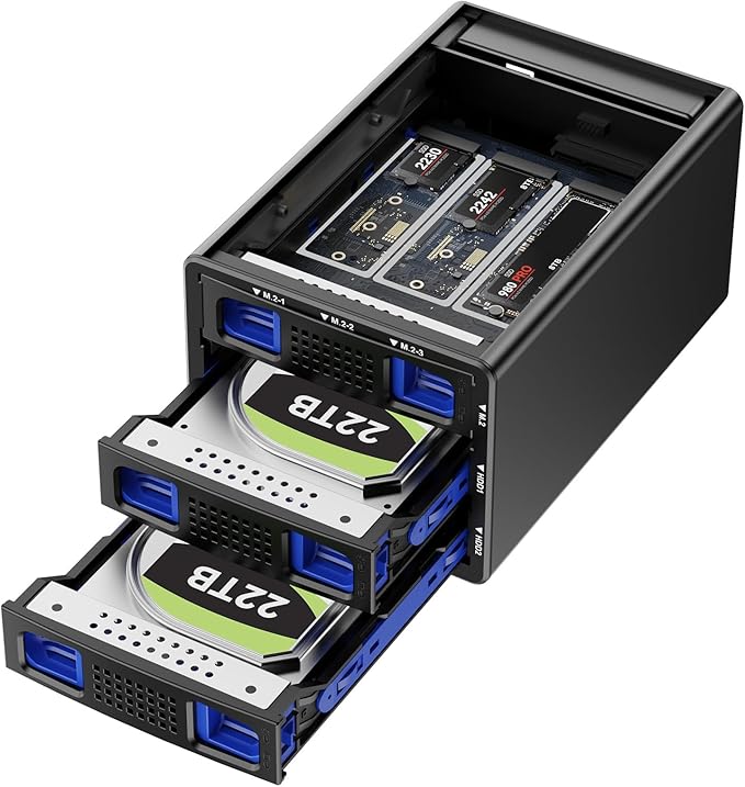 Hybrid 2*2.5/3.5" SATA HDD/SSD+3* M / B+M Key M.2 NVMe Enclosure with Cooling Fan and USB A/C 3.2 Gen 2, Hard Drive Enclosure Support 68TB(2*22TB HDD+3*8TB 2230/2242/2260/2280/22110 SSDs)-DeskLoop Office