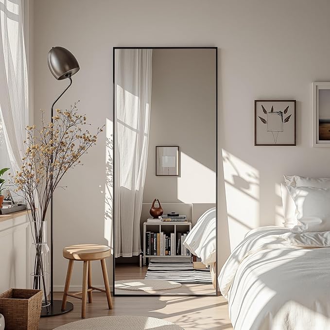 Full Length Mirror, 58"x21" Oversized Floor Mirror Freestanding, Full Body Mirror Floor Standing Mirrors with Stand, Hanging Mounted Mirrors for Bedroom Living Room, Black, Rect Style-DeskLoop Office