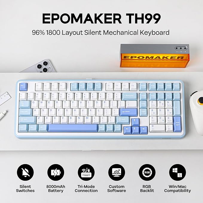 EPOMAKER TH99 Wireless Mechanical Keyboard with Lubed Silent Switch, Quiet Gaming Keyboard, 8000mAh,Creamy Gasket,RGB Backlit,Numpad,PBT Keycap,Hot Swappable,for Gamers/Office (Blue&White)-DeskLoop Office