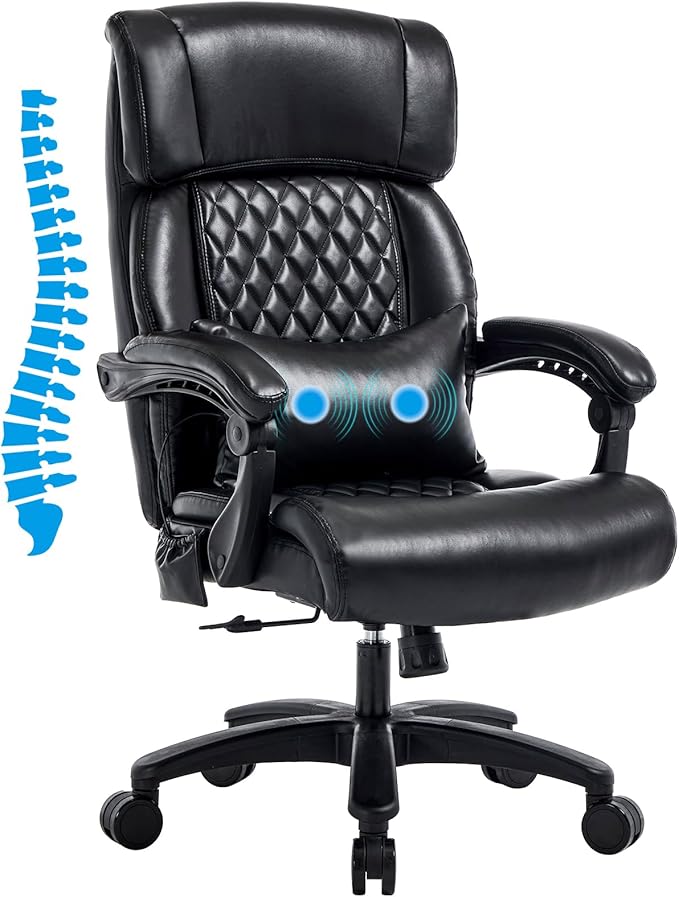 Lumbar Massage Office Chair, 500LBS Big and Tall Office Chair, Heavy Duty Ergonomic Executive Reclining Chair with High Back and Lumbar Support, Black-DeskLoop Office
