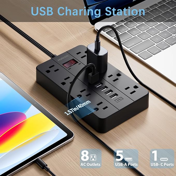 15 Ft Long Extension Cord Power Strip Surge Protector, HUNIAN Flat Plug with 8 Widely Spaced Outlets 6 USB, Wall Mount Charging Station for Home and Office, Black-DeskLoop Office