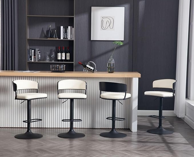 Adjustable Modern Bar Stools Set of 2 Faux Leather Barstools Swivel Counter Height Bar stools with Curved Back/Black Metal Base Comfy Upholstered Bar Chairs for Kitchen Island, Beige-DeskLoop Office
