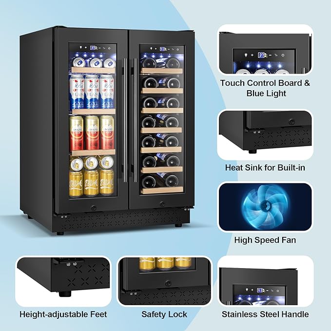 Wine and Beverage Refrigerator with Glass Door, 24-Inch Dual Zone Wine Fridge Under-Counter,4.6 Cu.Ft. 65 Cans and 20 Bottles Wine Cooler,Built-in or Freestanding Wine and Drink Fridge with Blue Light-DeskLoop Office