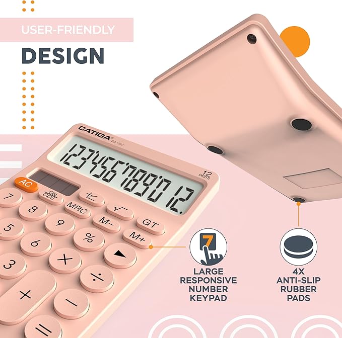 CATIGA 12 Digit Desktop Calculator Basic Desk Calculator with Large LCD Display, Big Buttons, 4 Function, Solar and Battery Dual Power, for Office, School, Home, SD-1292 Pink-DeskLoop Office