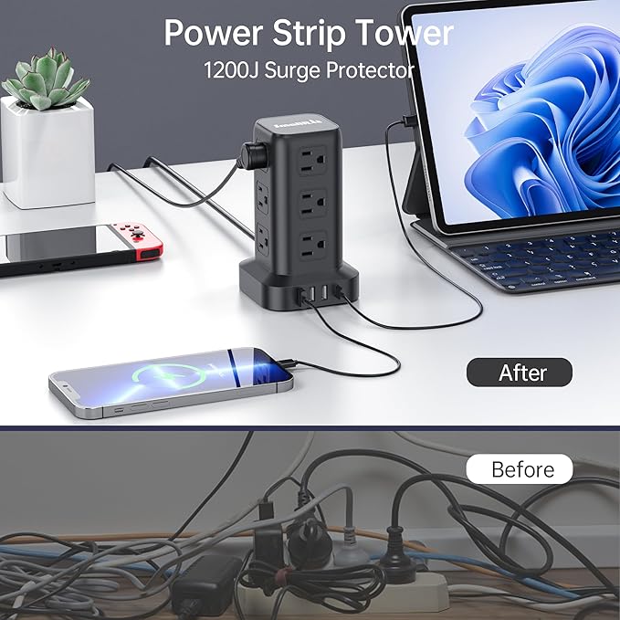 15FT USB C Power Strip Surge Protector Tower, Mini Power Strip Tower Travel 12 AC 4 USB Power Strip with USB Ports, Overload Protection for Home Office-DeskLoop Office