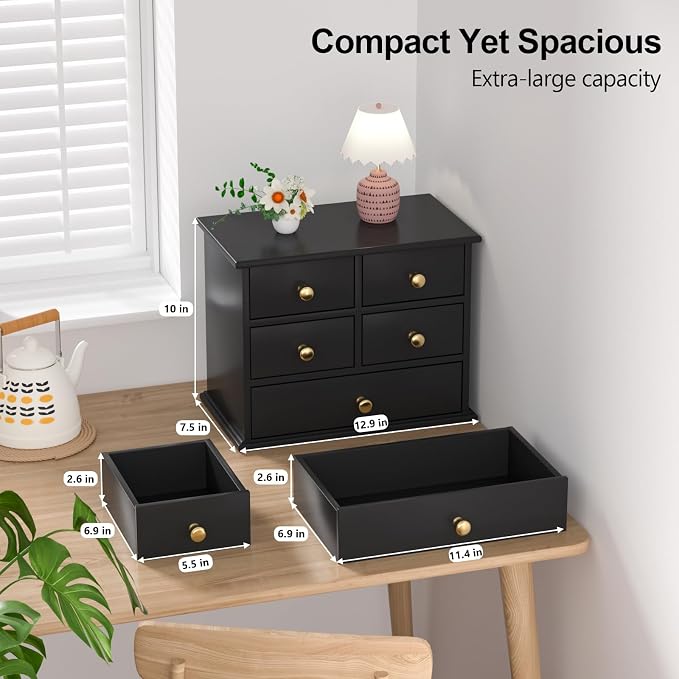 Oak Desk Organizer with Drawers, Durable Wooden Desktop Storage Box with Metal - Image 2