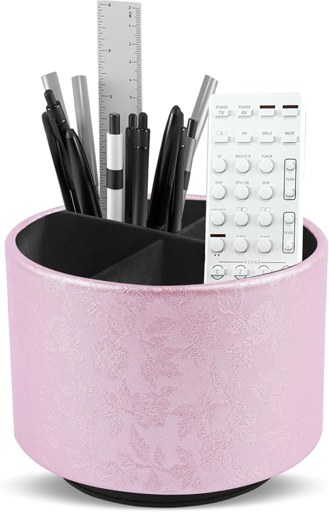 lizimandu Round Leather Art Supply Organizer,Remote Control Holder,360 Degree Spinning,Multi-Functional Pencil Holder,4 Compartments Desktop Stationary Organizer(1-Liuli Pink)-DeskLoop Office