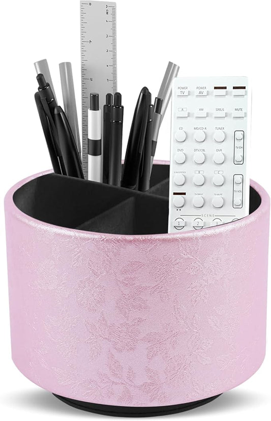 lizimandu Round Leather Art Supply Organizer,Remote Control Holder,360 Degree Spinning,Multi-Functional Pencil Holder,4 Compartments Desktop Stationary Organizer(1-Liuli Pink)-DeskLoop Office