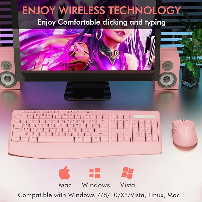 Wireless Keyboard and Mouse Combo, E-YOOSO 2.4GHz Full Sized Ergonomic Wireless Keyboard with Wrist Rest, 3 DPI Adjustable and 6 Buttons Cordless USB Mouse for Computer, Laptop, PC, Windows (Pink)-DeskLoop Office