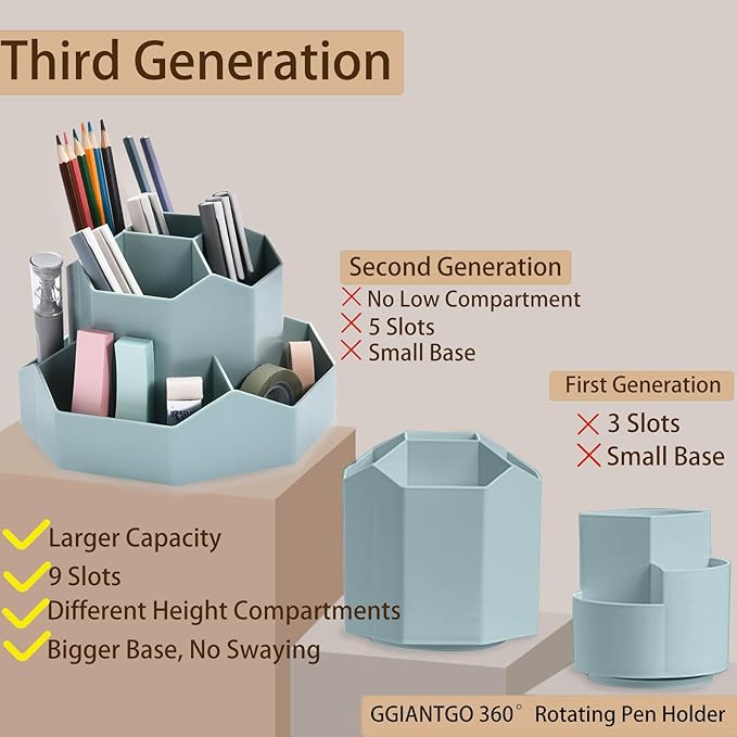 Pencil Pen Holder for Desk, 9 Slots 360 Degree Rotating Desk Organizer, Cute Pen Organizers Stationery Supplies for Office Home & Art Supply (Blue)-DeskLoop Office