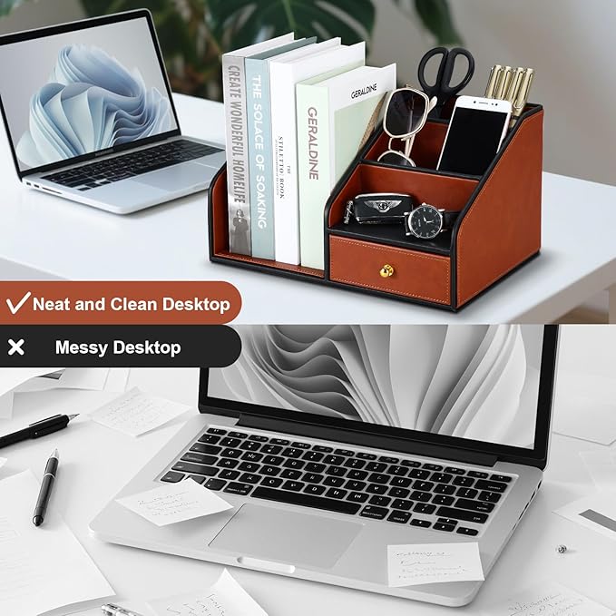KINGFOM PU Leather Desk Organizer, Multifunction 6 Compartment Desk Organizers and Accessories for Office Supplies, Pen Pencil Holder/Book Mail Organizer Holder for Desk with Drawer (Brown)-DeskLoop Office