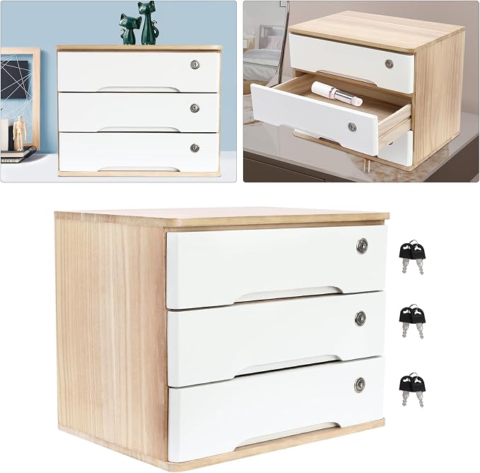 Lockable Desk Organizer Wooden Desktop Drawers Office Flat Files Storage Box - Image 8