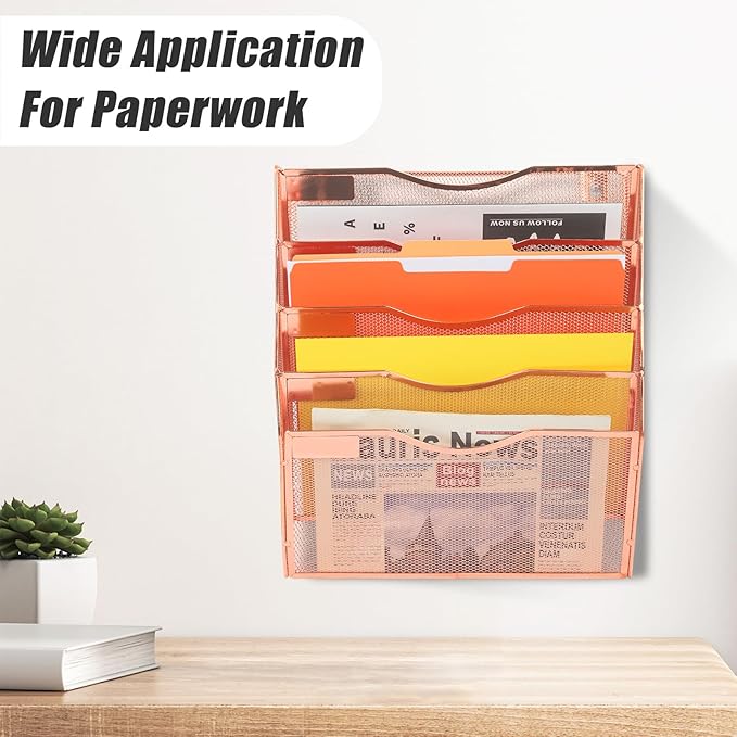 EASEPRES 5 Pocket Mesh Hanging Wall File Organizer, Wall Mounted Mail Paper Document Folder Holder, Clipboard Storage Organization Magazine Rack with Nametag Label for Office Home School, Rose Gold-DeskLoop Office