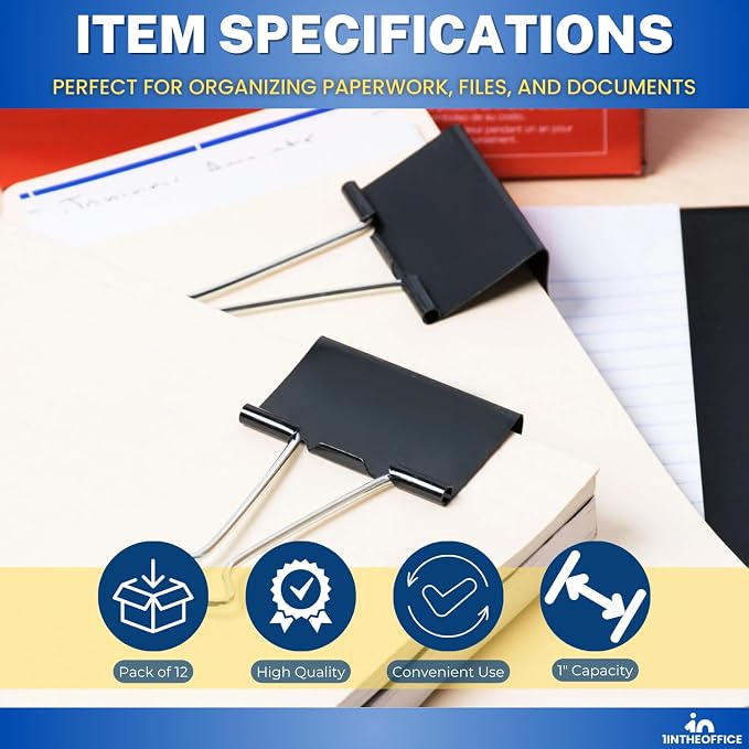 1InTheOffice Large Binder Clips, Paper Clamps, Paper Binder Clips, 12 Pack - Image 6