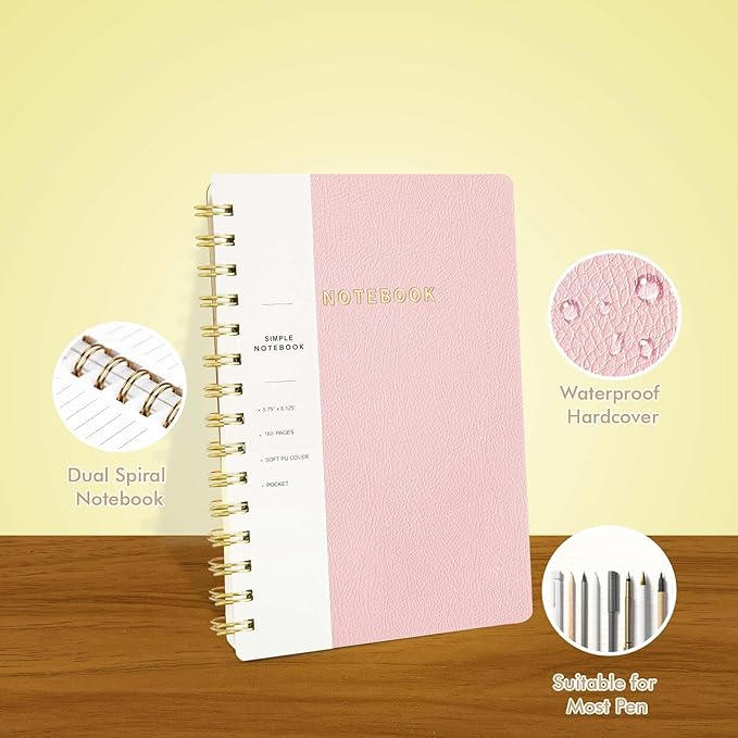 Lined Spiral Notebook College Ruled A5 Journal Book for Note Taking, 160 Pages Writing Journal for Office and Home School Supplies 5.75 x 8.125 inch - Pink-DeskLoop Office