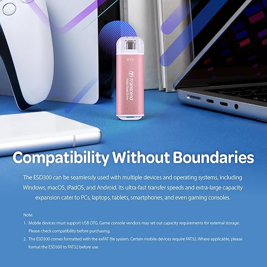 Transcend 2TB External SSD, USB 3.2 Gen2, Up to 1,050MB/s, Portable SSD with Type C, for Steam Deck, ROG Ally, MSI Claw, Windows & Mac, iPhone, iPad, Android, PS5, Xbox, Smart TV, Pink-DeskLoop Office