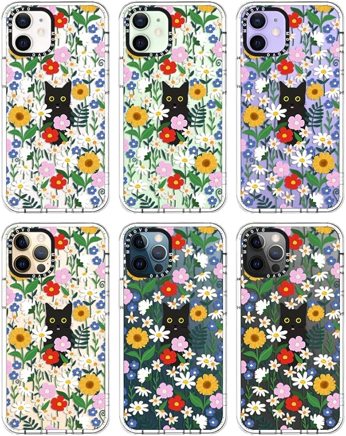 MOSNOVO Case for iPhone 12 & iPhone 12 Pro, [Buffertech 6.6ft Military-Grade Drop Protection] [Anti Peel Off Tech] Clear TPU Bumper Phone Case Cover Design - Black Cat in Garden-DeskLoop Office