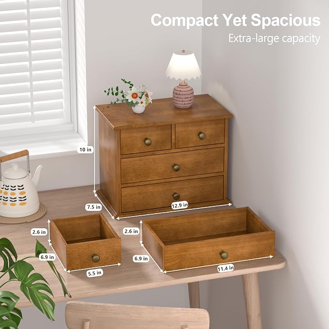 Oak Desk Organizer with Drawers, Durable Wooden Desktop Storage Box with Metal - Image 2