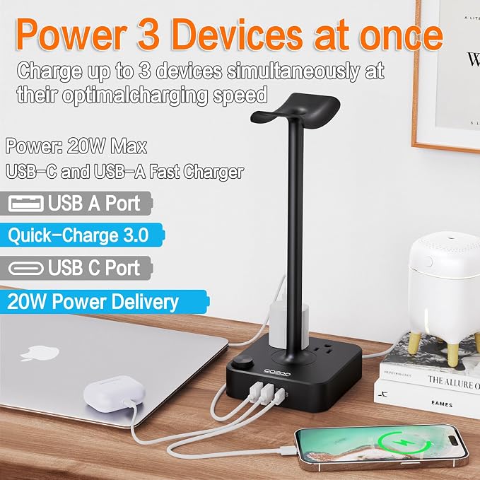 COZOO Headphone Stand with USB Charger Desktop Gaming Headset Holder Hanger - Image 3