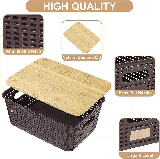 6Pcs Storage Bins with Lids, Stackable Plastic Storage Basket with Bamboo Lid - Image 3