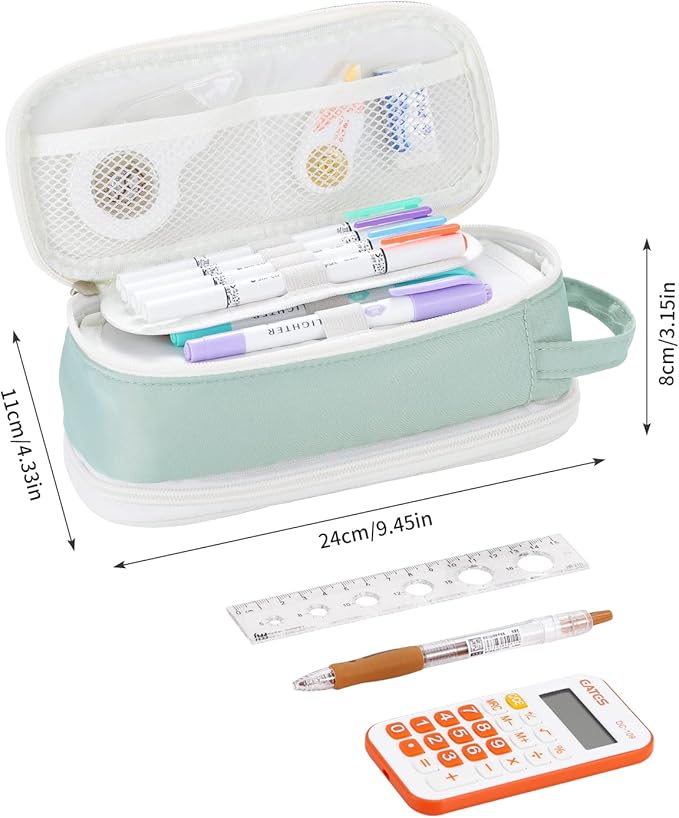 Large Pencil Case Zipper Pencil Pouch for Girls Adults Kids Aesthetic Pencil Bag with Handle Portable Big Capacity Pen Bag Organizer for School Office Green-DeskLoop Office