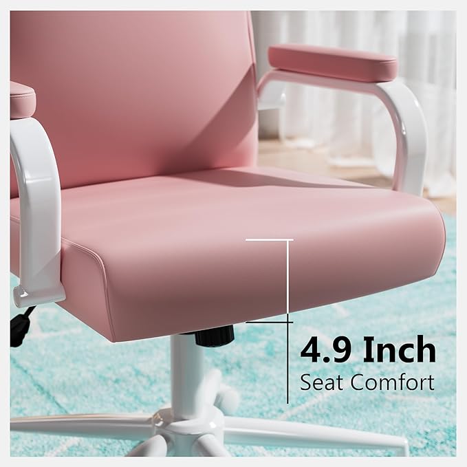 Pink Desk Chair, High Back Leather Executive Office Chair for Girl and Women, Adjustable Height Computer Desk Chairs with Wheels and Arms-DeskLoop Office