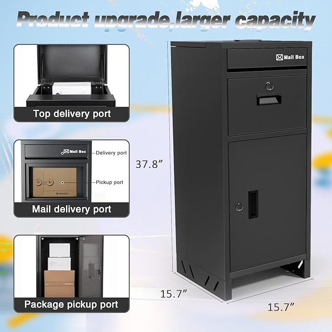 Package Delivery Boxes for Outside, Large Parcel Drop Boxes with Lock, Customize Address Stickers Package Drop Boxes for Outside is Waterproof,Package Delivery Box for Porch(Black,15.7*15.7*37.8 in)-DeskLoop Office