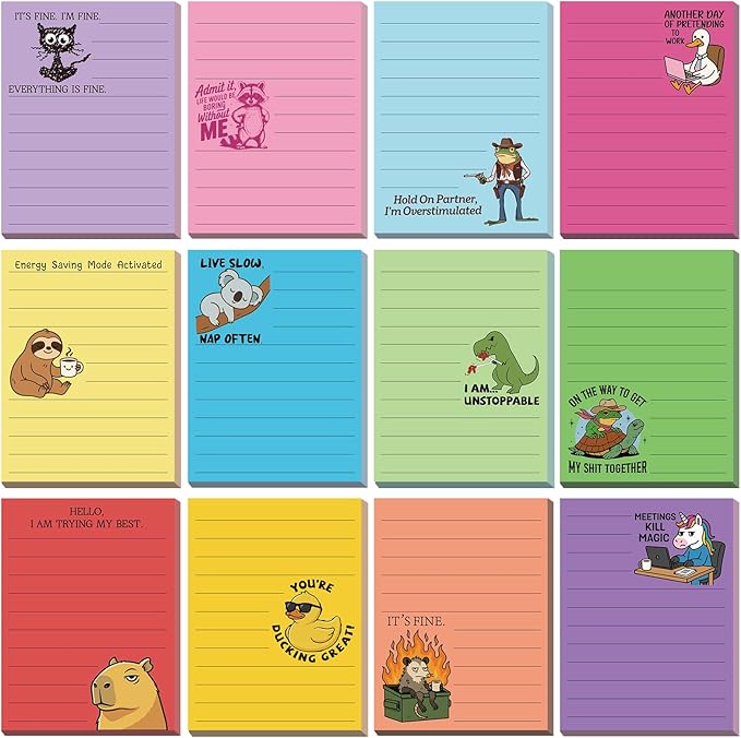 12 Pcs Funny Sticky Notes for Work 4x3 Inches Sarcastic Self Adhesive Notepads by Saypacck