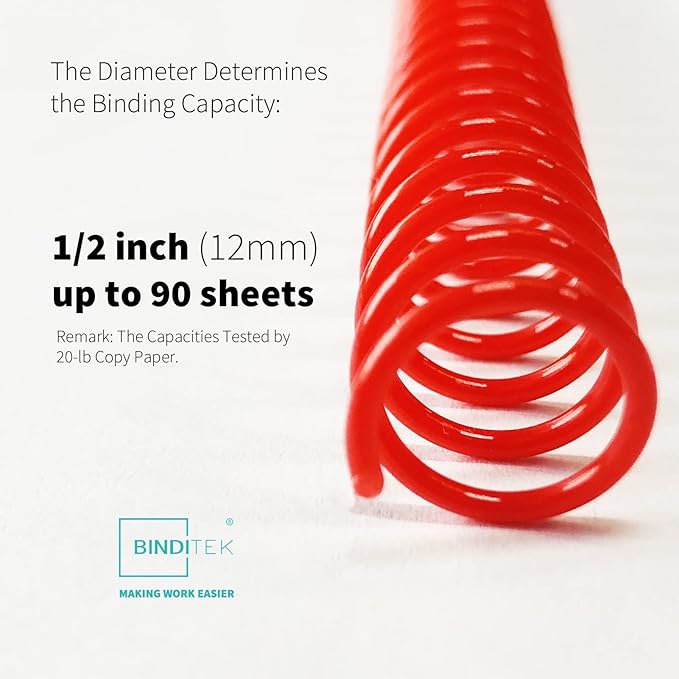 Binditek 50 Pack Plastic Spiral Binding Coils, 12mm(1/2"), 90 Sheet Capacity, 4:1 Pitch, Multi Color (Red, Blue, Yellow, Green, Pink), for Students and Coworkers-DeskLoop Office