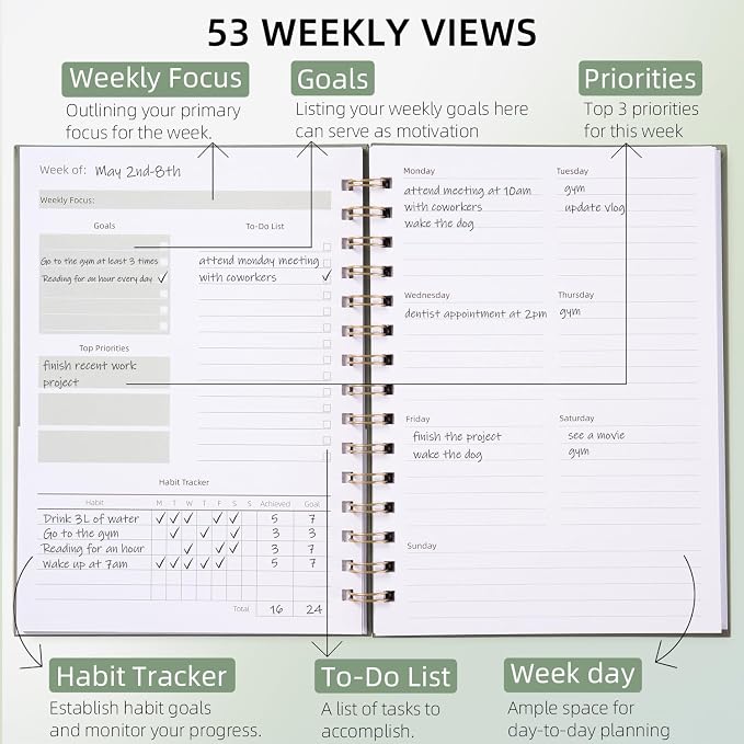 Undated Weekly and Monthly Planner Spiral Bound- Weekly Goals Notebook - Image 3