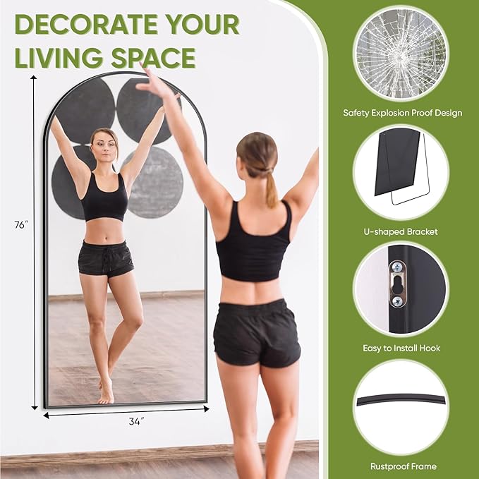 Full-Length Floor Mirror with Stand, 76"x34" Arched Style Full Body Standing Mirror for Bedroom, Living Room, Gym, Dorm - Shatter-Resistant & Easy Assembly, Black-DeskLoop Office