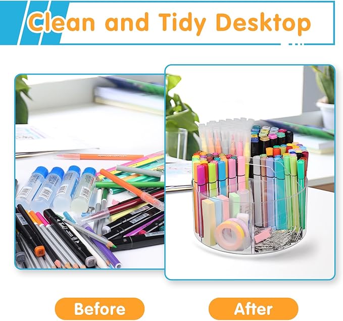 Acrylic Pen Holder, 360 Degree Rotating Pen Organizer, Rotating Desk Acrylic Office Organizer with 6 Compartments, Marker Organizer for Kid, Crayon Caddy School Art Supply Storage Organizer-DeskLoop Office