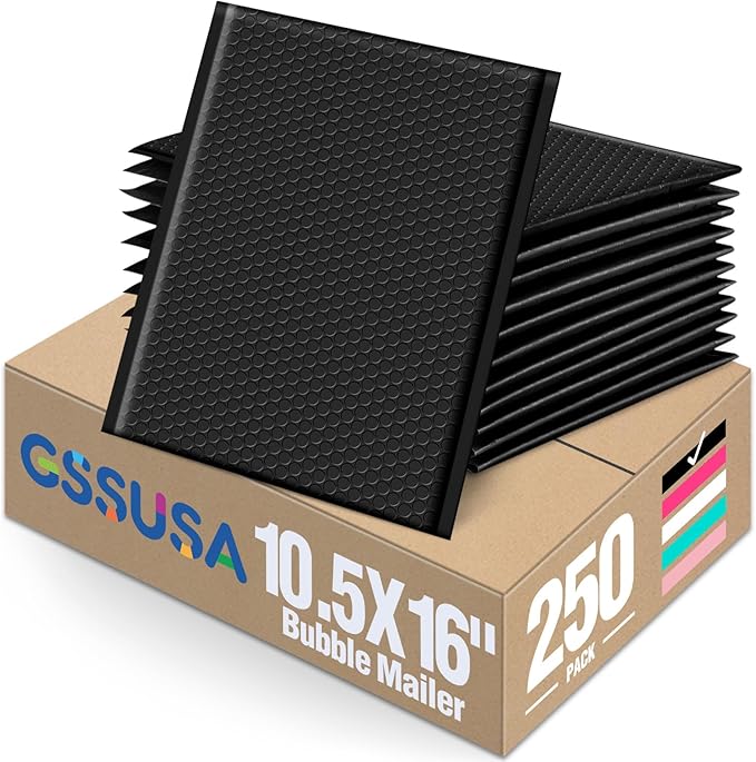GSSUSA Large Bubble Mailers 10.5x16 Inch 250 Pack Black Padded Envelopes by GSSUSA