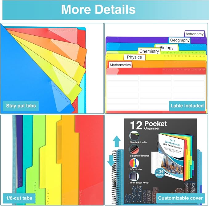 Forvencer 12 Pocket Project Organizer, 1/6-cut Tab Binder Organizer - Image 5