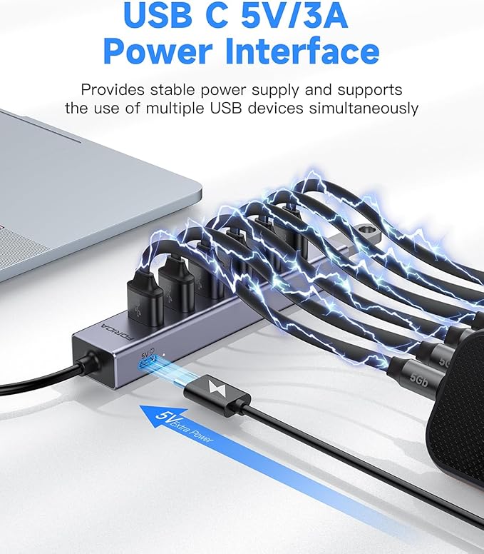 FORIDA USB C to USB Hub, 8 Ports USBC HUB with 7 USB 3.0 Data Ports, Aluminum Alloy Shell USB Splitter with USB C 5V/3A Power Port for Laptop PC and More-DeskLoop Office