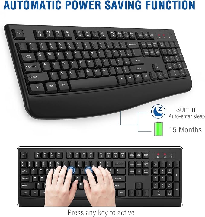 EDJO Wireless Keyboard, 2.4G Ergonomic Full Size Wireless Computer Keyboard with Wrist Rest for Windows, Mac OS Desktop/Laptop/PC（Black）-DeskLoop Office