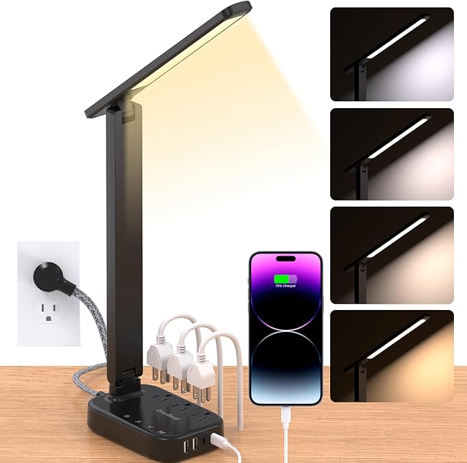 Power Strip with LED Desk Lamp, 3 Outlets 4 USB Ports(2 USBC) 4 Modes 5 Level Touch Lamp Small Desk Lamp for Home Office Bedroom Bedside, Study Reading Light, 5ft Extension Cord, Dorm Room Essentials-DeskLoop Office