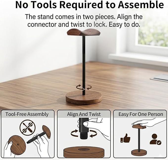 Headphone Holder Stand for Desk, Wood and Metal Headset Hanger Mount Hook - Image 8