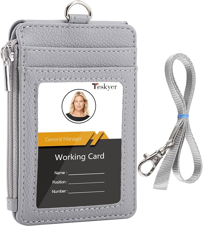 Teskyer ID Badge Holder with Lanyard, Lanyard Wallet, Lychee Gray | 4-Card by TESKYER