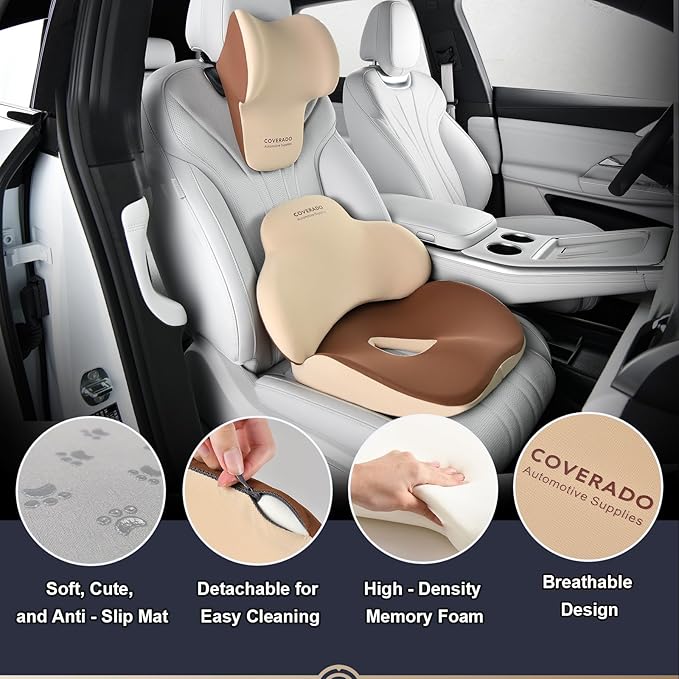 Coverado Seat Cushion and Lumbar Support Headrest Pillow for Car Office Chair, Ergonomic Memory Foam Chair Cushion Back Neck Support Pillow, Sciatica & Back & Tailbone Pain Relief Cushion-Beige-DeskLoop Office