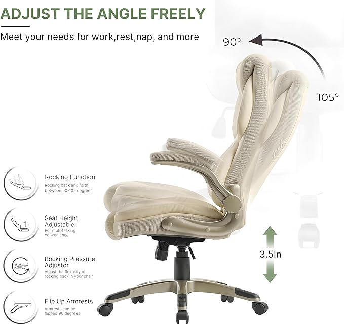 EUREKA ERGONOMIC Executive Office Chair Flip Up Arm Rest, Ergonomic Desk Chair Faux Leather Computer Chair, High Back Office Chair with Headrest, Home Office Desk Chairs with Wheels, Beige-DeskLoop Office