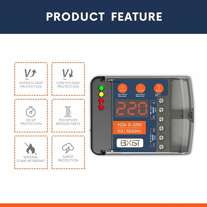 BXST Heavy Duty Wiring Surge Protector with LED Display Adjustable Voltage & Delay Protection, 220V, 30A, 6600W Max, 140J Surge Protection for Refrigerators, Air Conditioning, Motors, Pumps-DeskLoop Office