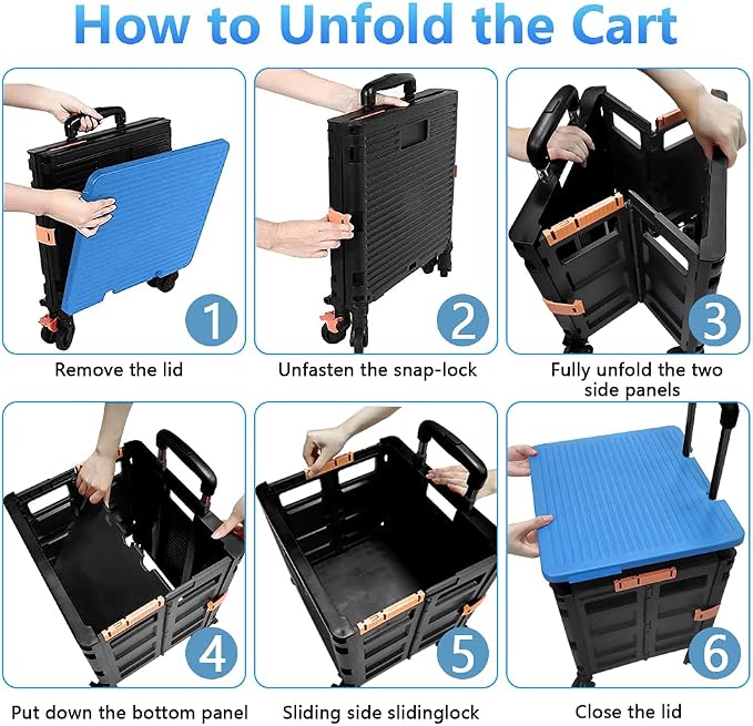 FELICON SELORSS Foldable Utility Cart Folding Portable Rolling Crate-Blue | - Image 4