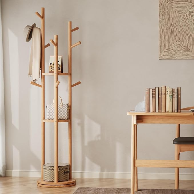 Solid Wood Rotary Coat Rack, Freestanding Coat Rack with 3 Shelves and 9 Hooks, Coat tree for Bedroom, Entryway, Livingroom, Coat Hanger Stand for Coats, Scarves, Handbags (Natural)-DeskLoop Office