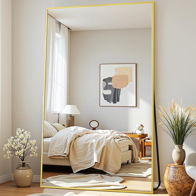 Full-Length Floor Mirror with Stand, 72"x44" Rectangle Style Full Body Standing Mirror for Bedroom, Living Room, Gym, Dorm - Shatter-Resistant & Easy Assembly, Gold-DeskLoop Office